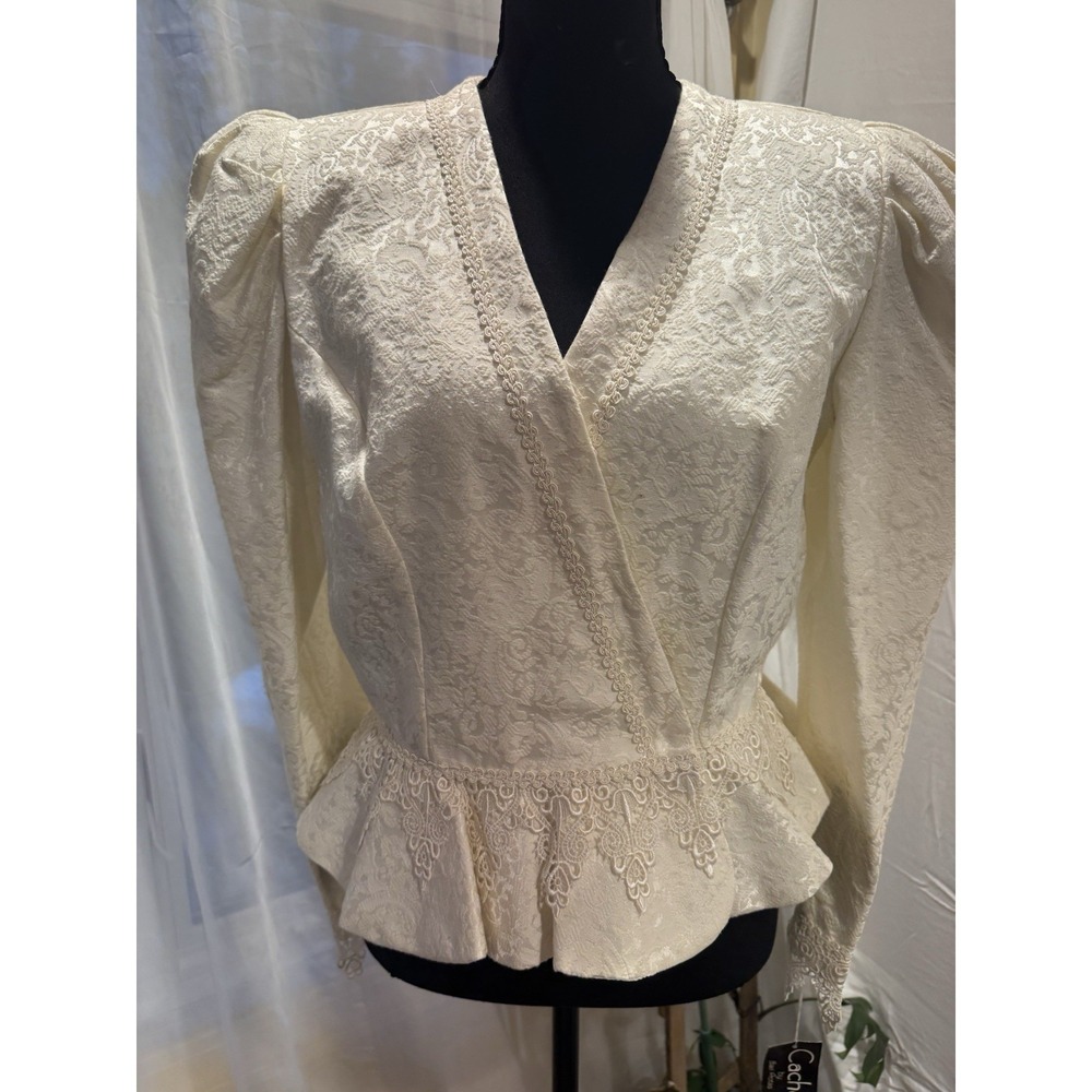 Vintage Cachet Ivory Floral Lace V-Neck Peplum Puff Long Sleeve Blouse L 4612